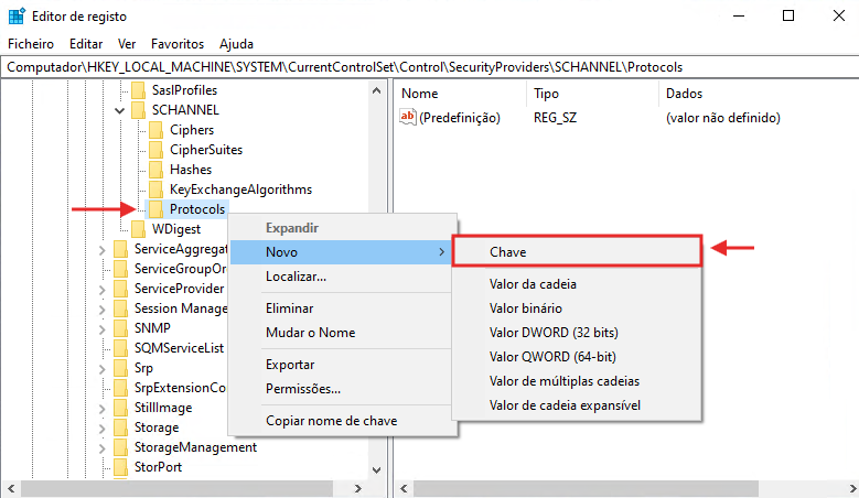 Criar subchave "TLS 1.2"